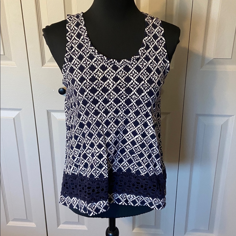 Ann Taylor Loft Sleeveless Blue White Geometric Patterned Top Women’s X-Small